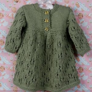 Hand Knit Cotton Long Sleeve Baby Dress 12-18 mos